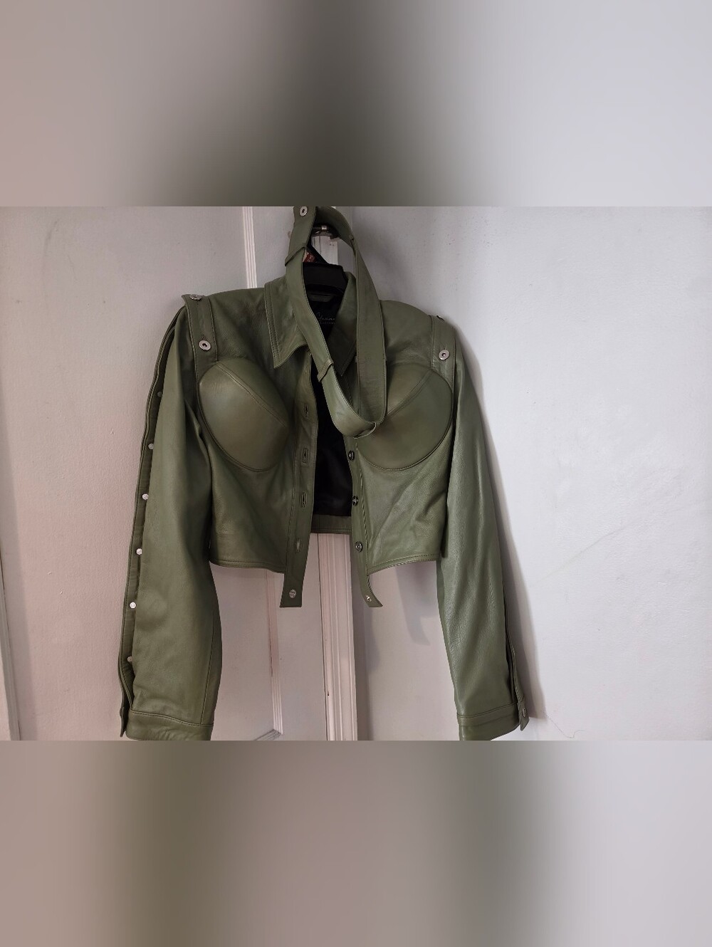 Olive Green Leather Cropped Jacket - Women Jackets & Coats